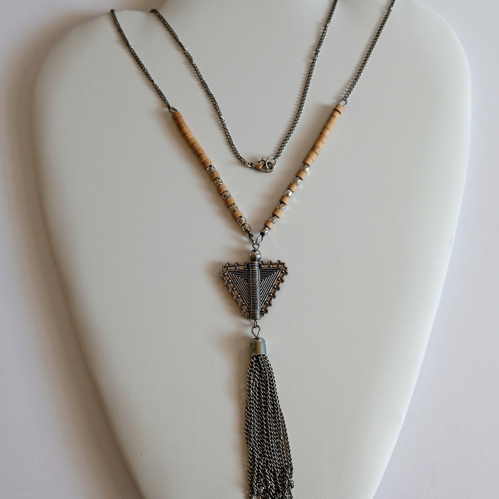 30" Bohemian Style Silver Tone Triangle Gold/Silver Beads Chain Dangle Necklace
